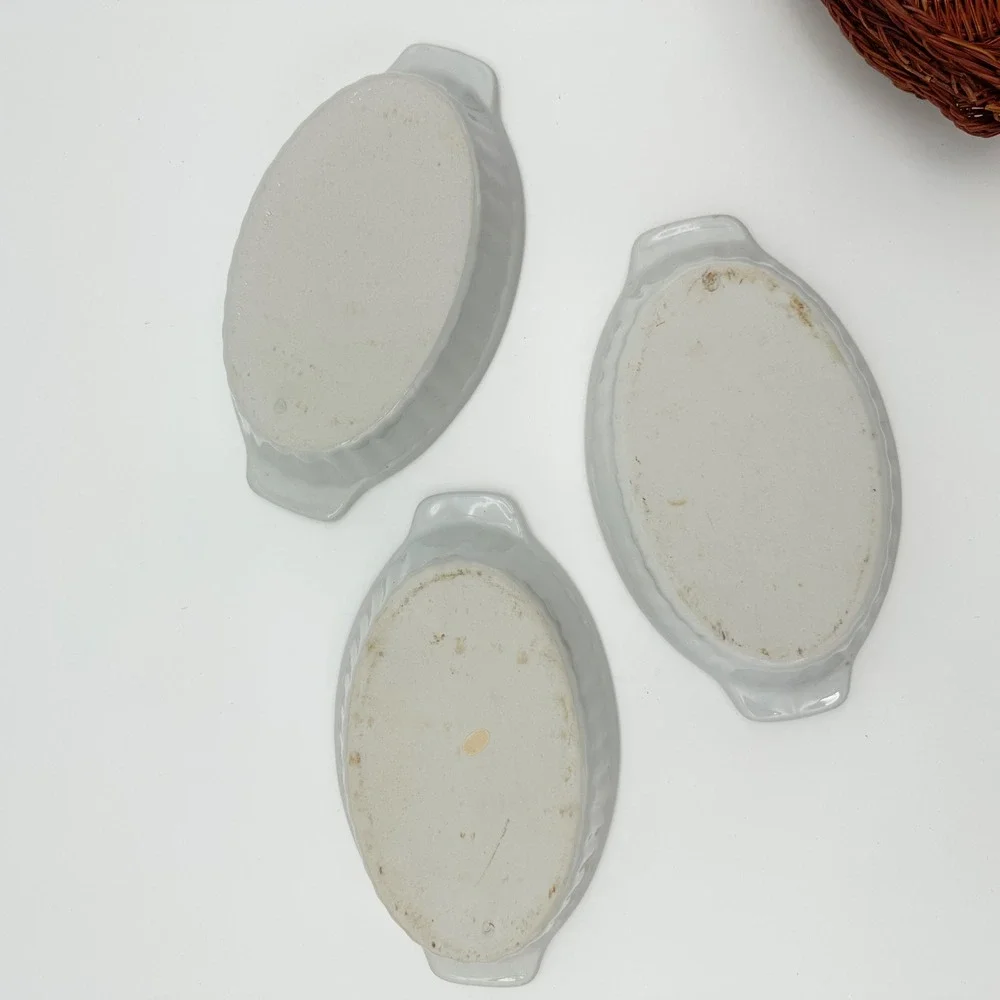Vintage Ceramic Oval Au Gratin Baking Dishes Wicker Baskets Set 3 Blue Plum